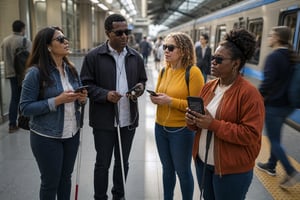 Blind Individuals Holding Mobile Devices in Metro Station