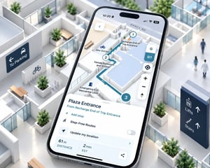 BindiMaps PathView 3D indoor wayfinding map showing an accessible navigation route through a building.